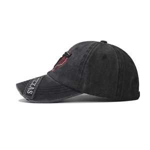 Washed vintage charcoal baseball cap with Texas embroidery and bull head pattern