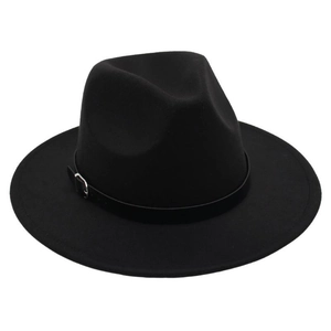 Detailed top view of a black felt fedora hat with a leather belt buckle band decoration
