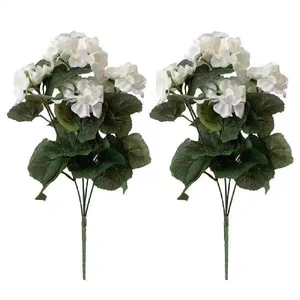 Artificial white geranium silk flowers bouquet with realistic green leaves 2-piece set