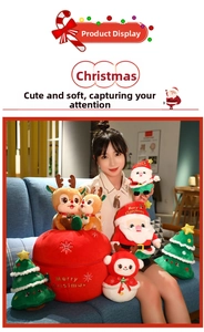 Christmas plush toy set with Santa, reindeer and snowman in a red holiday storage bag