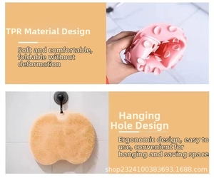 Detail showing soft TPR material flexibility and hanging hole for shower foot massager