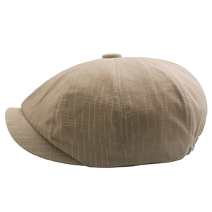 Khaki striped newsboy cap for men featuring a vintage multi-panel design and fabric texture