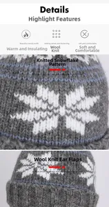 Detail of gray winter hat with white snowflake pattern and warm fleece lining