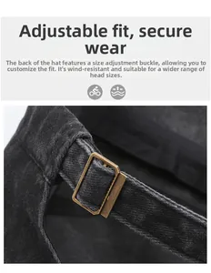 Detail of adjustable metal buckle on washed cotton military flat cap with retro texture
