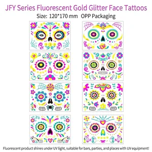 Neon Halloween Day of the Dead face tattoos with 8 glowing sugar skull designs for parties