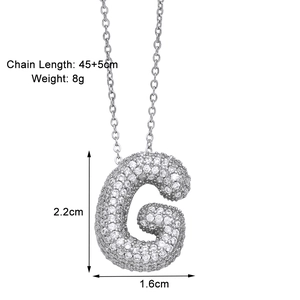 Detailed view showing dimensions of silver letter G pendant necklace with cubic zirconia