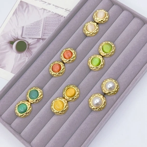 Set of 6 pairs vintage round button earrings with gold-rimmed patterns and colorful stones