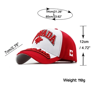 Thick cotton baseball cap with Canada maple leaf embroidery and sizing measurements