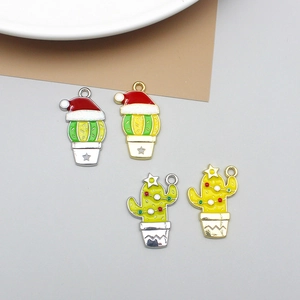 Christmas cactus charms with Santa hats and festive lights in gold and silver plating