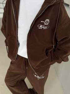 Survêtement en polaire marron avec broderie et veste à capuche ample zippée pour femmes