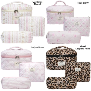 Quilted cotton toiletry set detail showing floral, bow and leopard print patterns