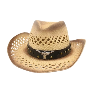Western Cowboy Straw Hat Breathable Hollow Wide Brim Sun Protection Vintage Ethnic With Leather Band Metal Bull Head