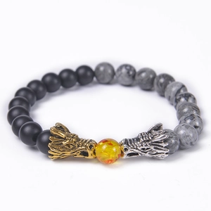 Detail of dragon-head charms on matte black stone and tiger eye beaded bracelet