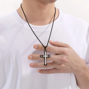 Men's double layer stainless steel cross pendant necklace with black rope chain