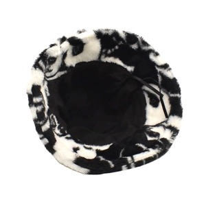 Winter panda spotted faux fur bucket hat with warm plush lining and adjustable drawstring