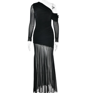 Elegant black one-shoulder midi dress with sheer mesh sleeves and ruched slimming design