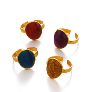 Geometric oval enamel open rings in red, purple, blue, and gold stainless steel