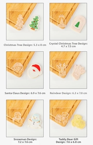 Macro shot of 6-piece transparent acrylic Christmas cookie stamps with clear festive patterns
