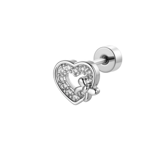 Silver heart bow ear stud with micro-set zircon for helix piercing and cartilage