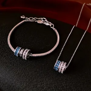 Vintage Luxurious Copper Zirconia Round Cylinder Jewelry Set For Women Silver Plated Clavicle Necklace And Bracelet Set Elegant Party Gift