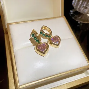 French style gold heart earrings with pink and green zircon in a luxury jewelry box