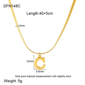Detailed view of gold snake chain necklace with letter C pendant showing 40+5cm length