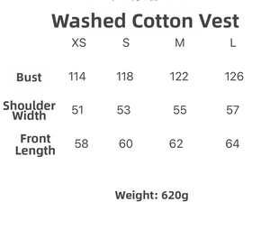 Size chart for quilted grey puffer vest showing chest width and length measurements