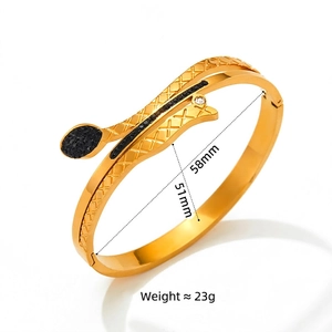 Gold snake-style stainless steel bangle with black crystal paving and 58mm inner diameter