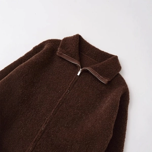 Women's dark brown zip-up knit cardigan with plush fleece texture and stand collar