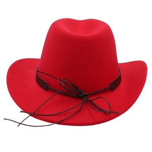 Classic red felt cowboy hat with upturned brim and dark brown decorative hatband detail