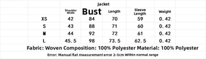 Detailed size guide table for women's commuter blazer showing dimensions and fabric specs