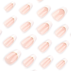 Short almond press-on nails with white French tips and gold metallic curves design