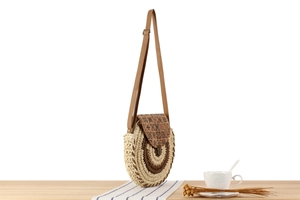 Detail of round woven crossbody bag featuring beige and brown patterns on a wooden desk