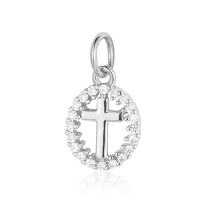 Detailed close-up of a silver cross pendant with sparkling clear cubic zirconia stones
