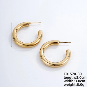 Polished titanium steel thick hoop earrings in gold finish with 3.0cm diameter