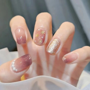 Press On Nails Gradient Purple Champagne Gold Glitter Artificial Pearl Snowflake Winter Elegant Sweet False Nails For Women