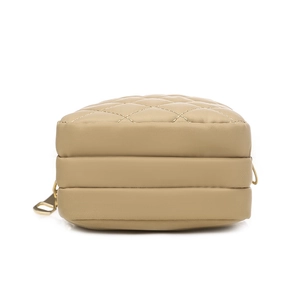 Quilted khaki nylon shoulder bag with three zipper layers and gold hardware for women