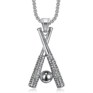 Hip hop stainless steel necklace with crossed baseball bats pendant and shiny rhinestones