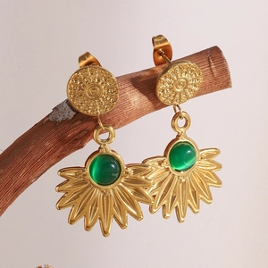 Fan Shaped Pendant Earrings Stainless Steel 18K Gold Plated Vintage Green Agate Oval Gemstone Elegant French Style For Women