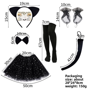 Dimensions du costume de chat avec bandeau, nœud papillon, jupe et divers accessoires