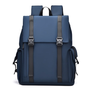Business casual navy blue backpack with dual buckle closure and waterproof fabric