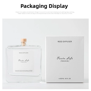 Detail view of 120ml reed diffuser with minimalist glass bottle and square packaging box