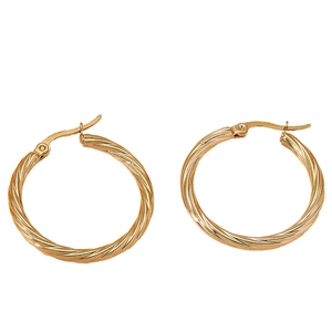 Elegant golden twisted hoop earrings in polished stainless steel with hinged closure