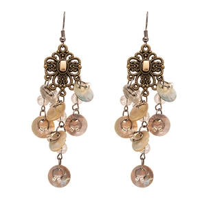 Vintage bronze hollowed Chinese knot earrings with layered pearlescent shell discs