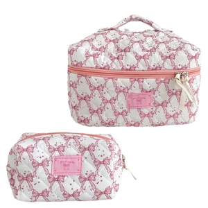 Pink quilted bow cosmetic bag set with large handle case and small makeup pouch