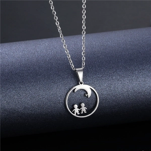 Silver stainless steel moon and star family pendant necklace for boys and girls