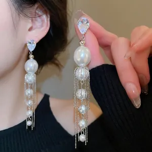 Boucles D'Oreilles Pendantes À Long Pompon Avec Imitation Künstliche Perle Zircon Et Tige En Argent Bijoux Élégants Rétro Français Pour Femmes