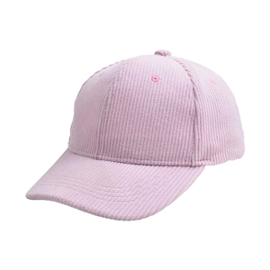Close-up of the light pink corduroy fabric texture and stitching on the baseball cap