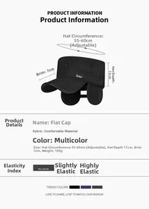 Detailed size guide for black quilted winter cadet cap showing adjustable 55-60cm circumference