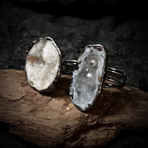 Vintage Handcrafted Natural Druzy Geode Crystal Agate Adjustable Open Ring For Women Men Electroplated Silver Statement Jewelry